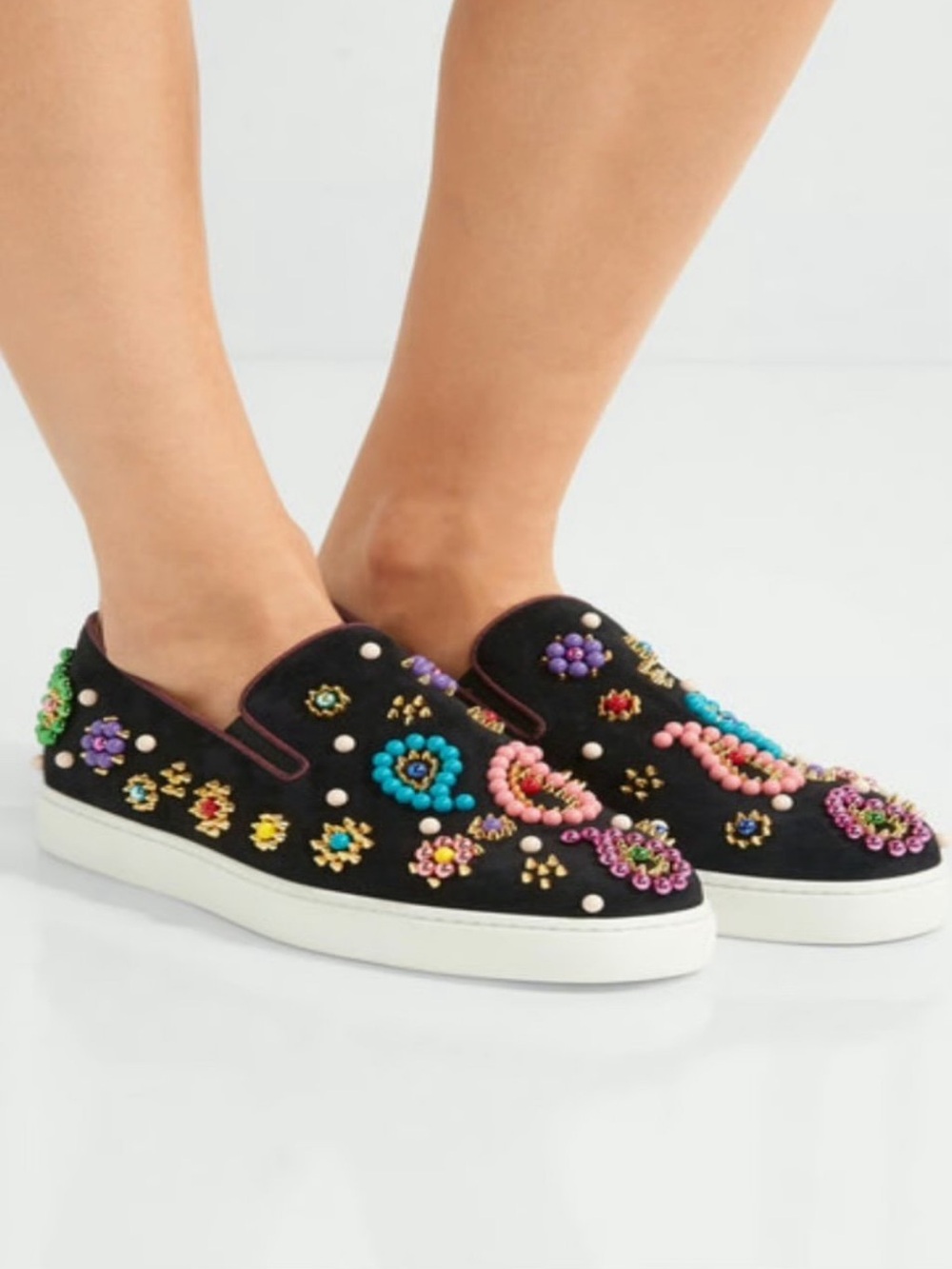 Christian Louboutin Black Embellished Slip-On Flats with Multicolor Beading